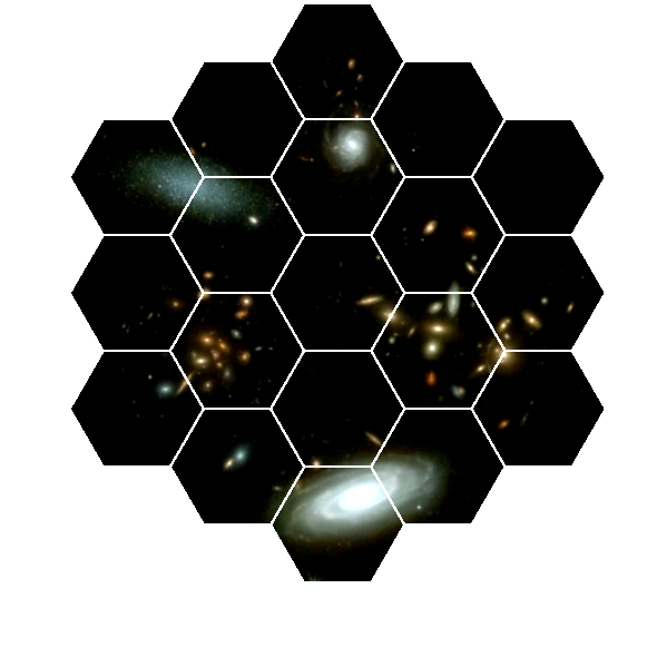 An illustration of galaxies with the James Web Space Telescope outline